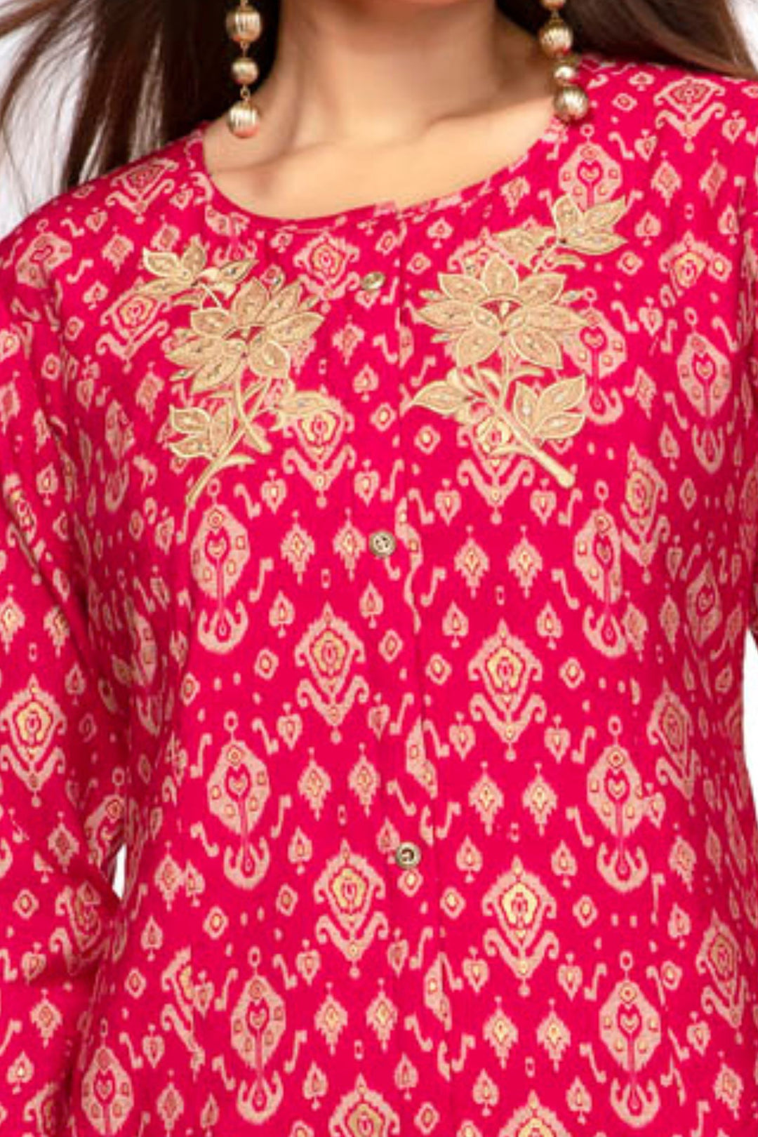 Rani Pink Embroidery and Mirror work with Digital Print Calf Length Kurti