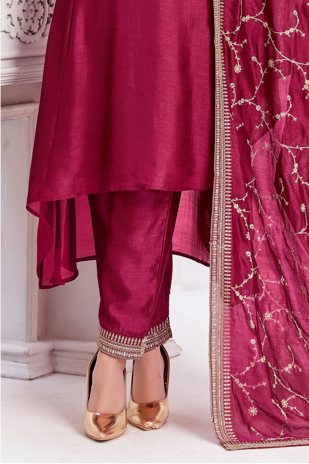 Magenta Beads, Sequins, Mirror, Stone and Thread work A-line Cut Salwar Suit