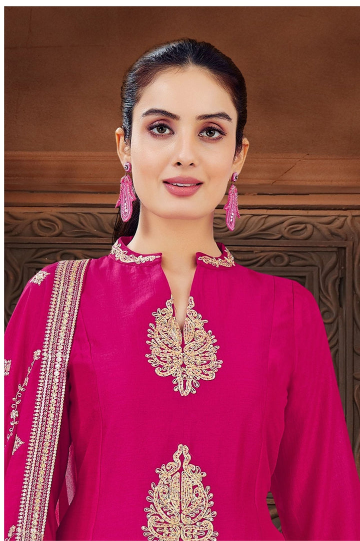 Rani Pink Beads and Sequins work A-line Cut Salwar Suit