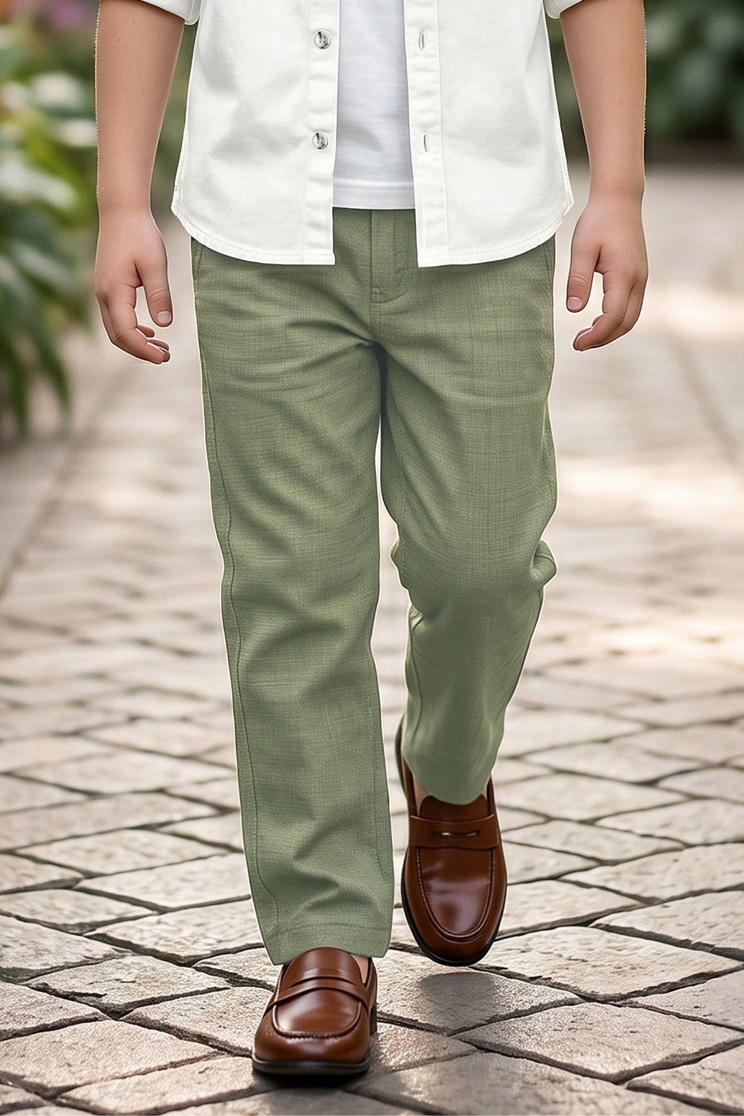 White Blazer, Printed T-Shirt and Green Pant Set for Boys