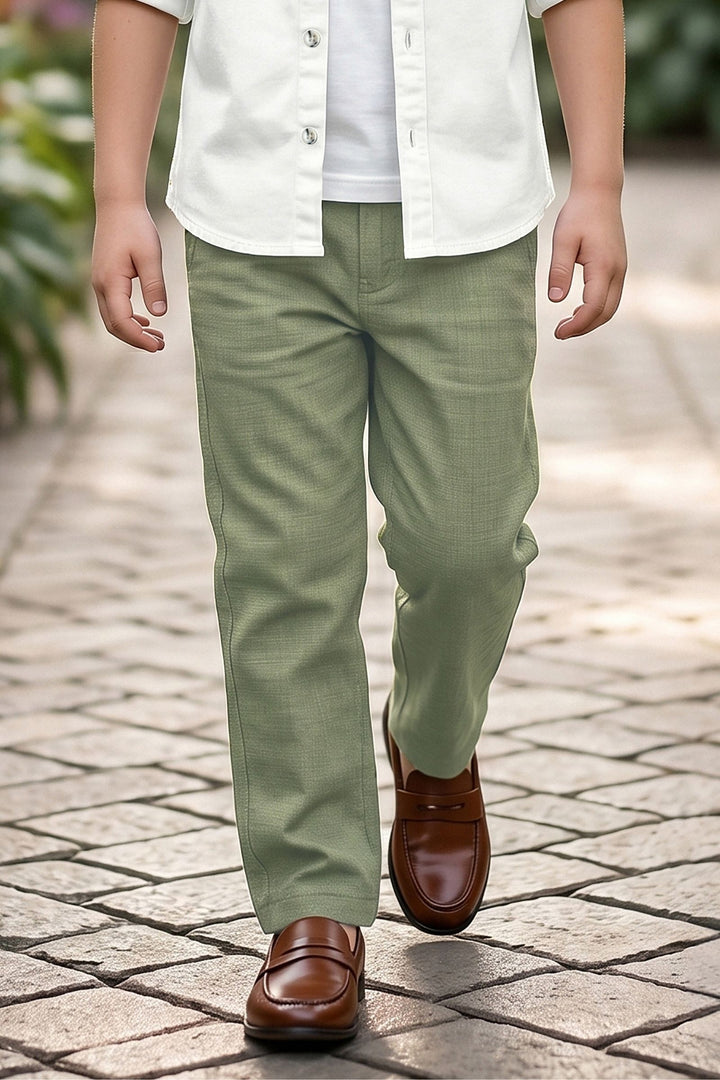 White Blazer, Printed T-Shirt and Green Pant Set for Boys