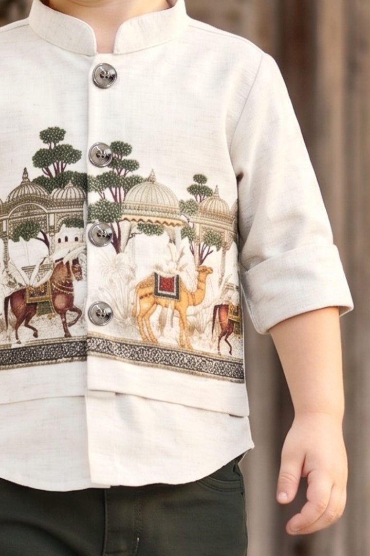 Half White Mughal-Style Motifs Shirt and Green Pant Set for Boys