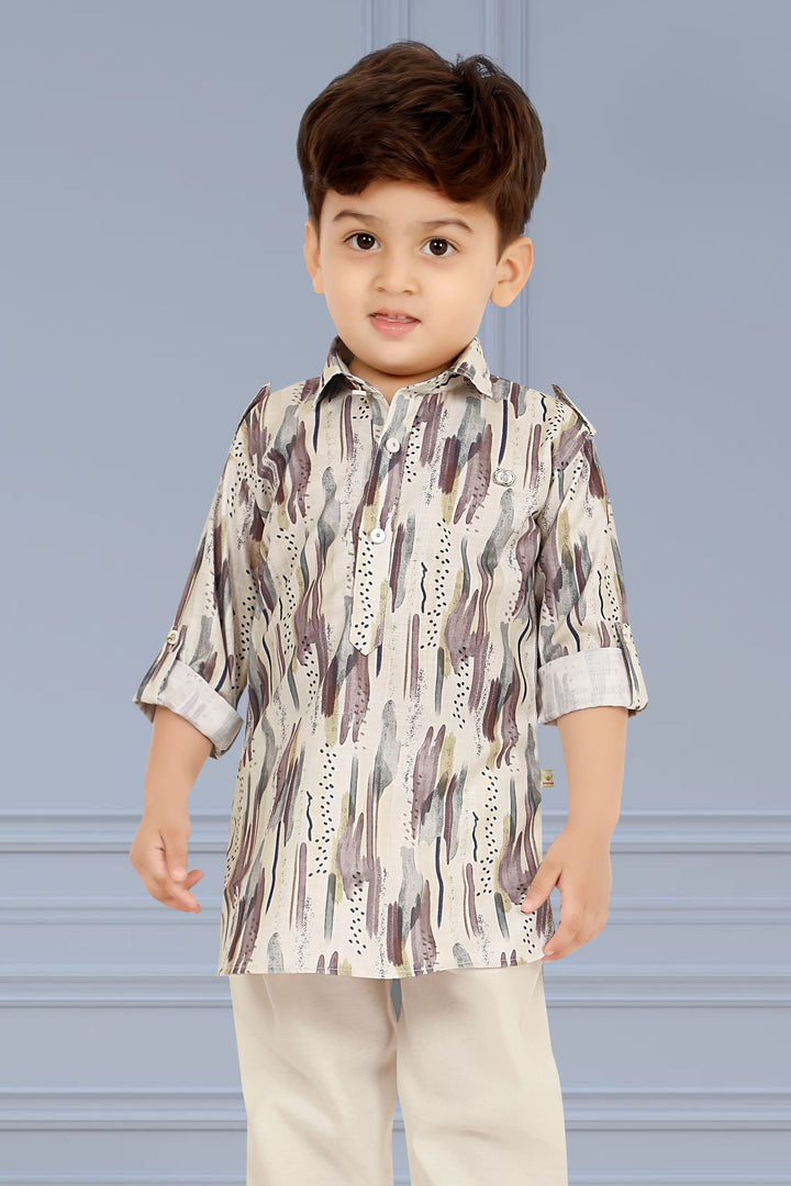 Cream with Multicolor Digital Print Kurta Set for Boys