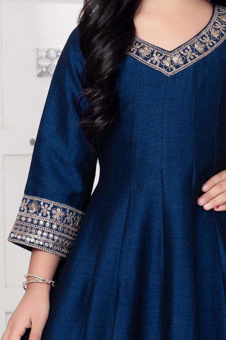 Teal Blue Zari Thread and Sequins work Anarkali Style Palazzo Suit for Girls
