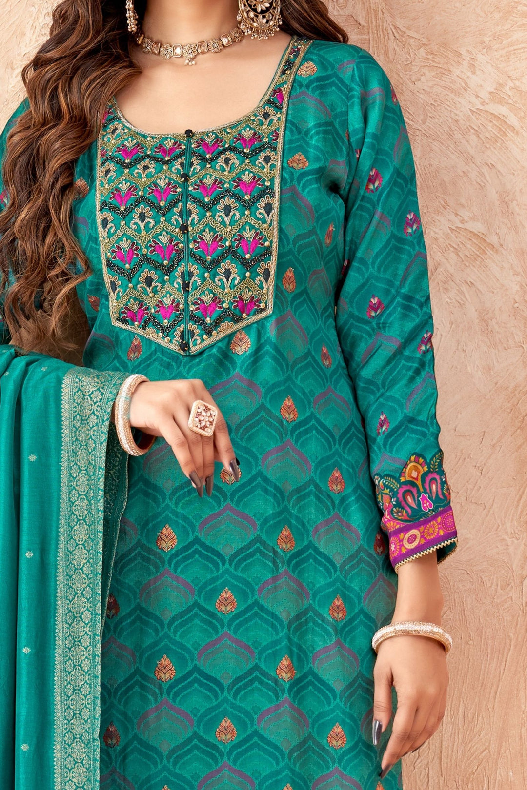 Rama Green Banaras and Embroidery work with Multicolor Digital Print Straight Cut Salwar Suit
