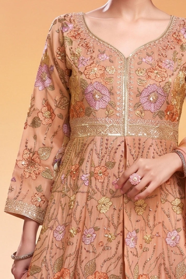 Peach Floral Embroidery, Sequins and Zari work Mastani Styled Palazzo Suit