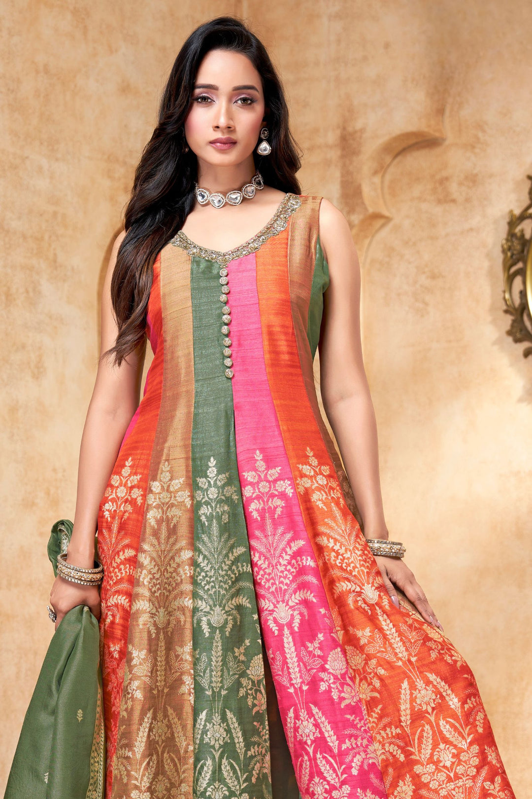 Multicolor Banaras, Sequins and Beads work Anarkali Style Salwar Suit with Palazzo Pant