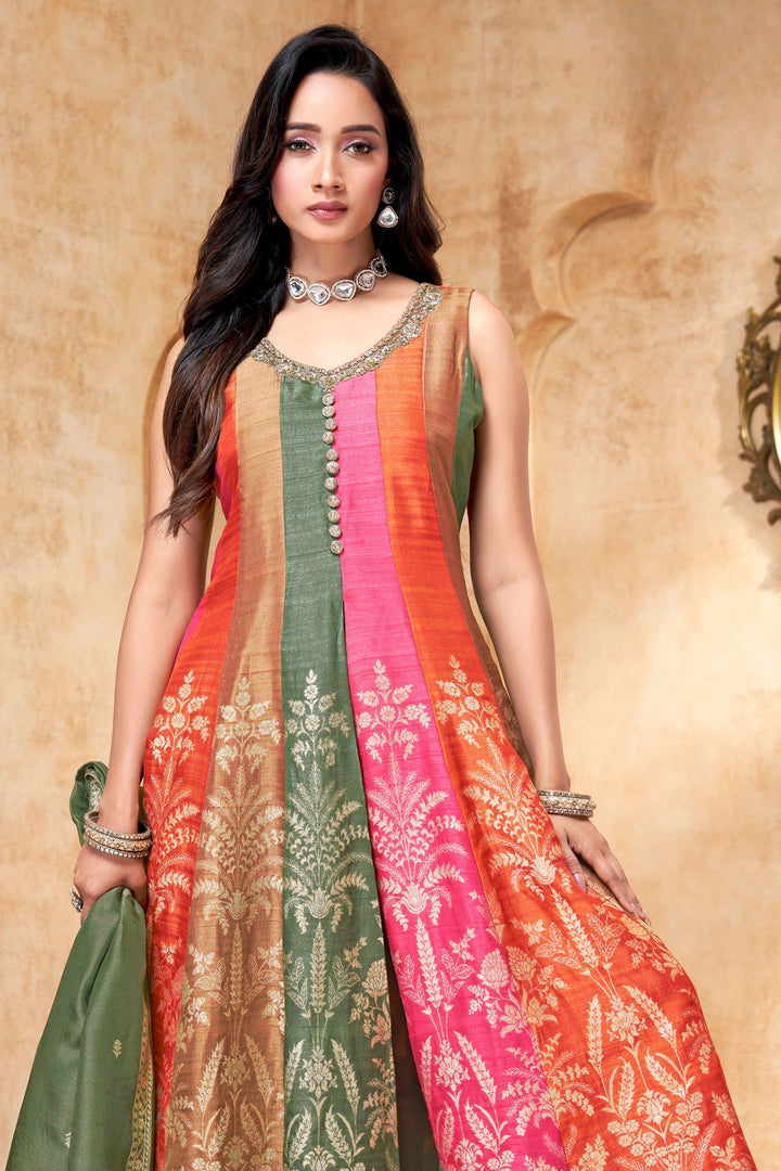 Multicolor Banaras, Sequins and Beads work Anarkali Style Salwar Suit with Palazzo Pant