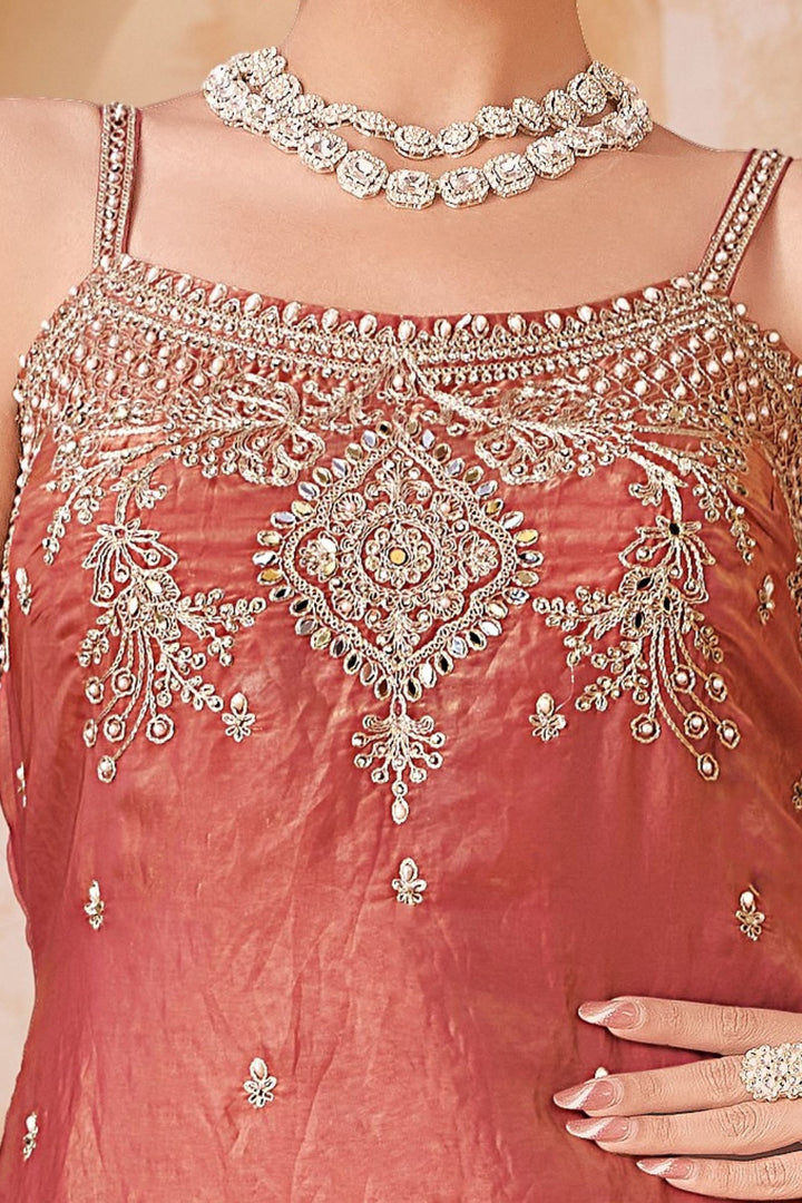 Light Orange Mirror, Stone, Zari and Pearls work Palazzo Salwar Suit
