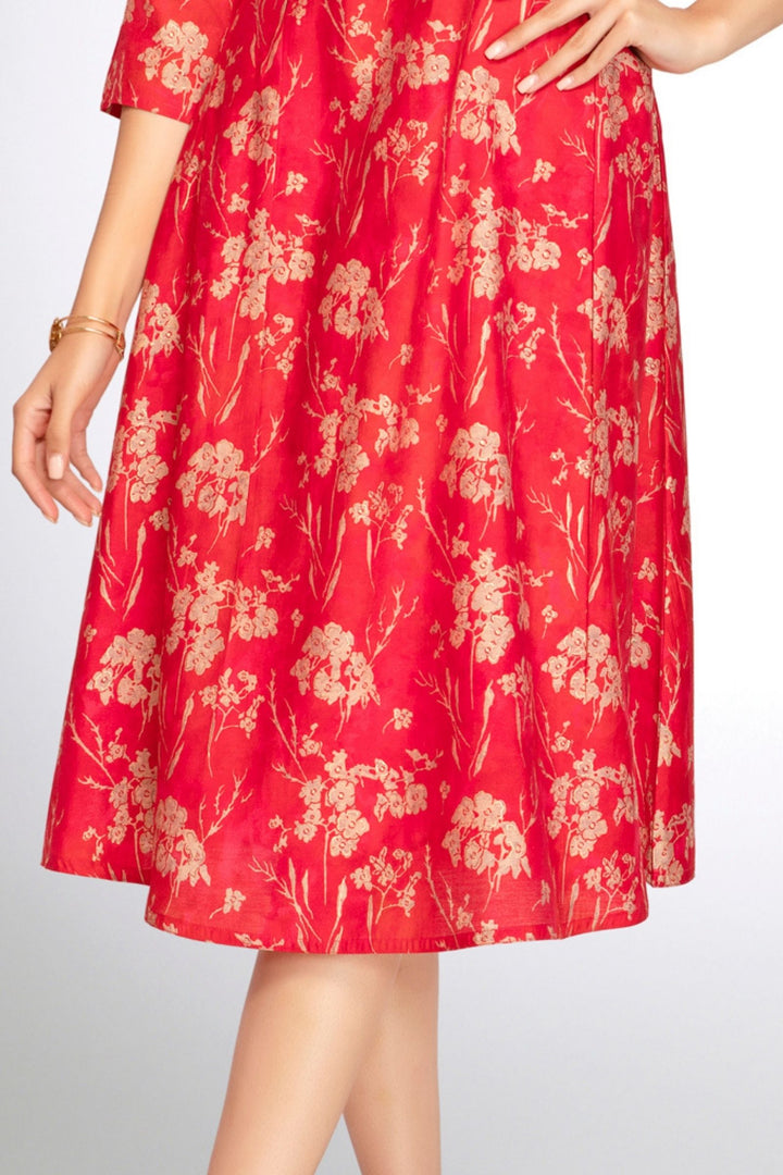 Red with Pink Thread work with Floral Print A-Line Cut Calf Length Kurti