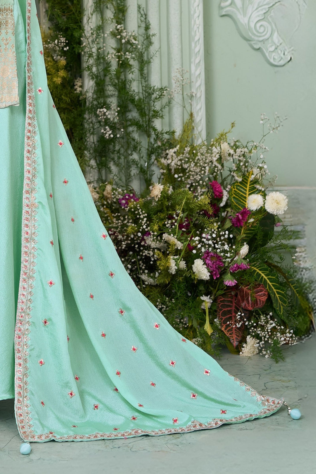 Sea Green Banaras, Zardozi, Mirror, Stone, Thread and Zari work Palazzo Salwar Suit