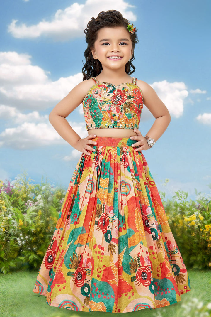 Multicolor Digital Print, Beads, Mirror and Zari Weaving work Lehenga Choli for Girls