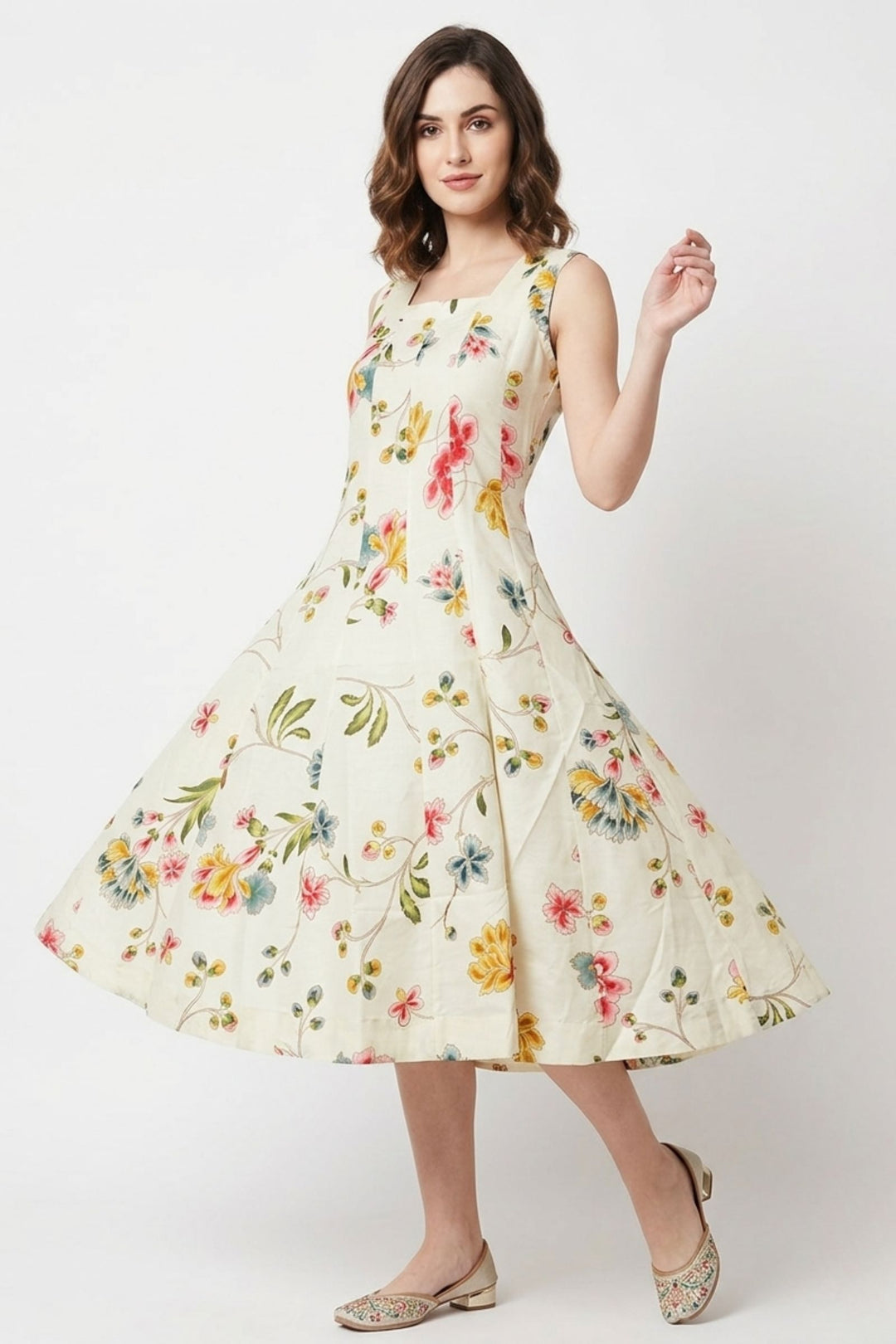 Cream with Floral Print Anarkali Styled Kurti