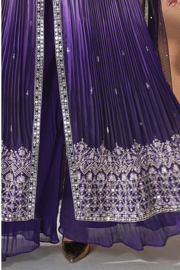 Purple Zari, Thread and Sequins work Salwar Suit with Palazzo Pants