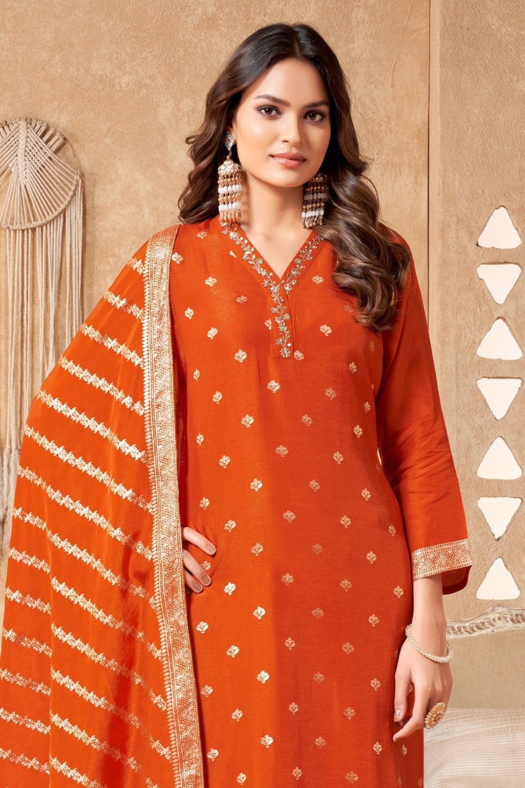 Orange Banaras, Zardozi, Beads and Sequins work Straight Cut Salwar Suit