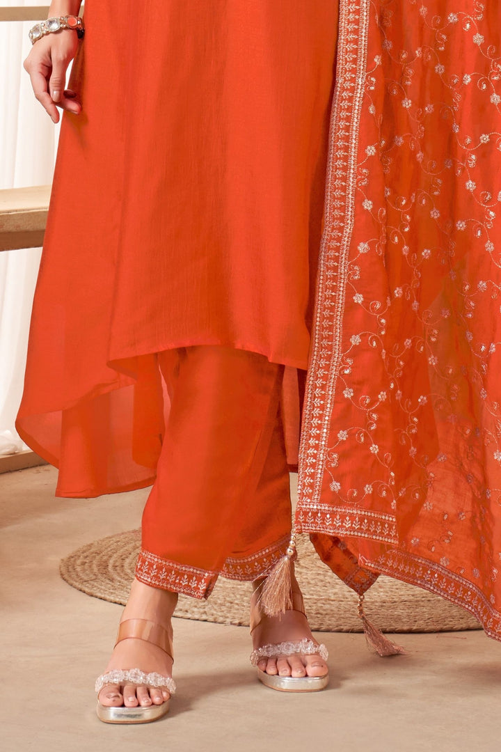 Orange Sequins, Beads, Mirror and Zari work A-line Cut Anarkali Styled Salwar Suit