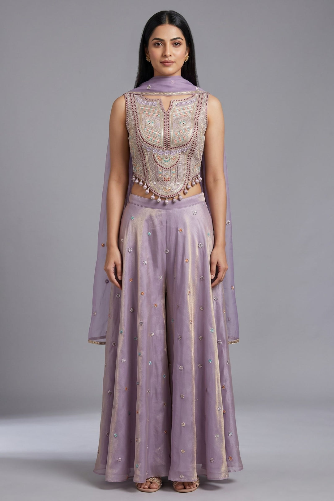 Lavender Zari, Sequins and Multicolor Thread work Palazzo Suit Set