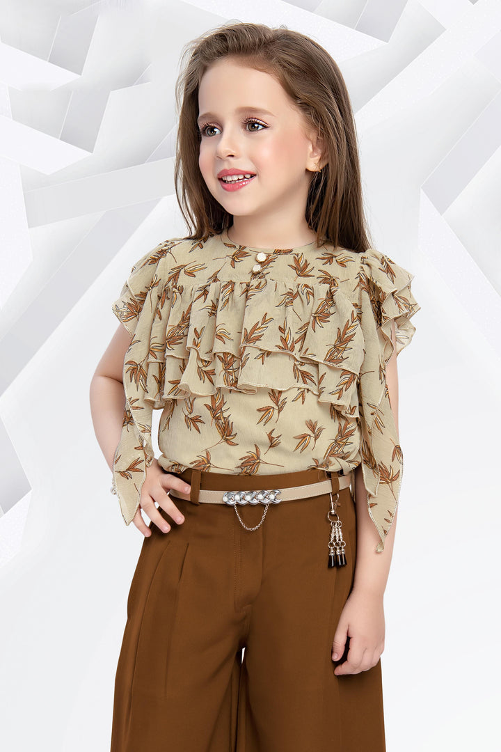 Beige Digital Print Top with Brown Palazzo Set for Girls - Seasons Chennai