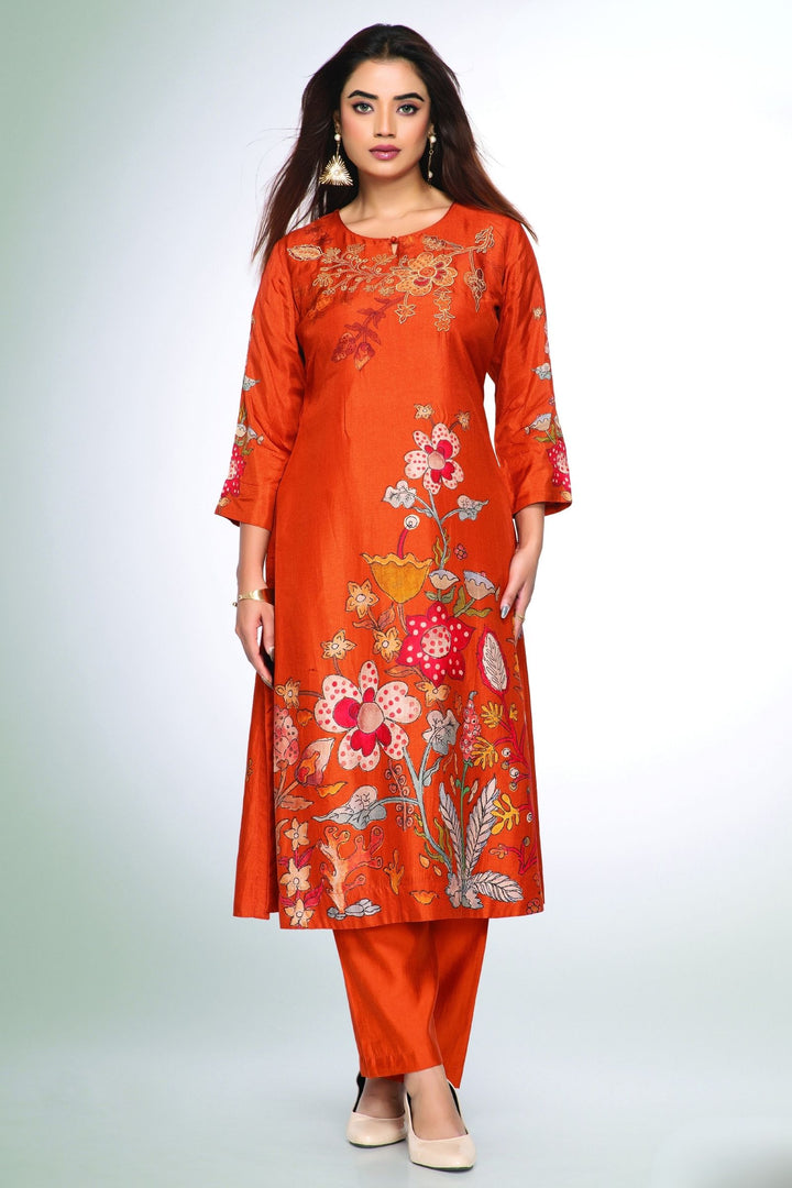Rust Orange Floral Print Straight Kurta Set