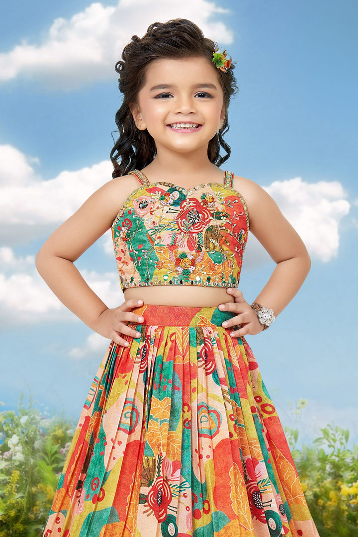 Multicolor Digital Print, Beads, Mirror and Zari Weaving work Lehenga Choli for Girls