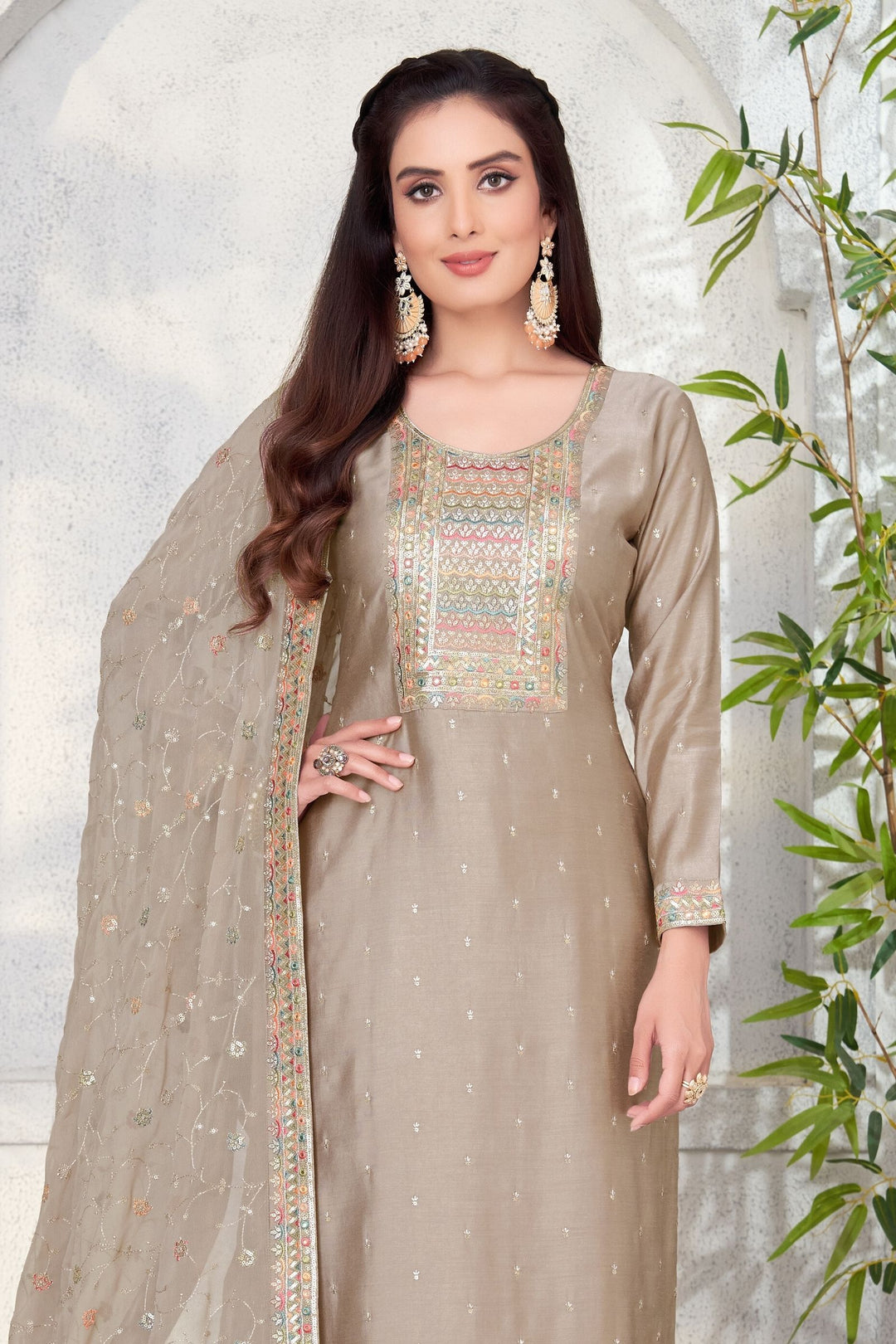 Beige Multicolor Thread, Sequins and Zari work Straight Cut Salwar Suit