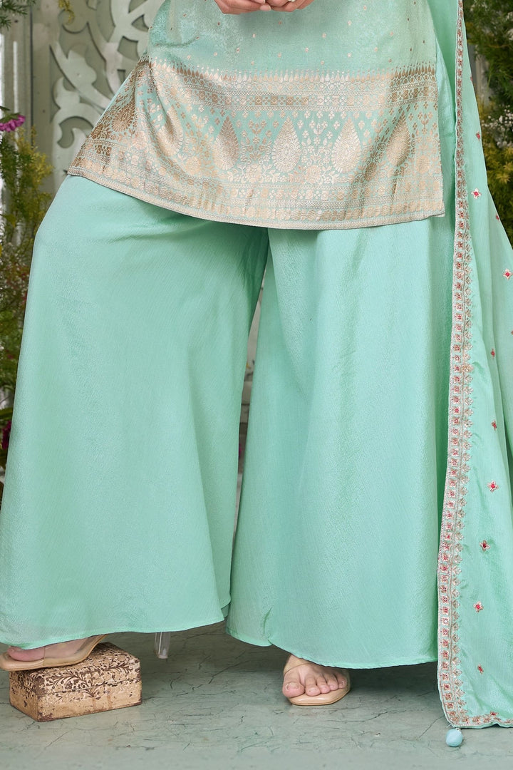 Sea Green Banaras, Zardozi, Mirror, Stone, Thread and Zari work Palazzo Salwar Suit
