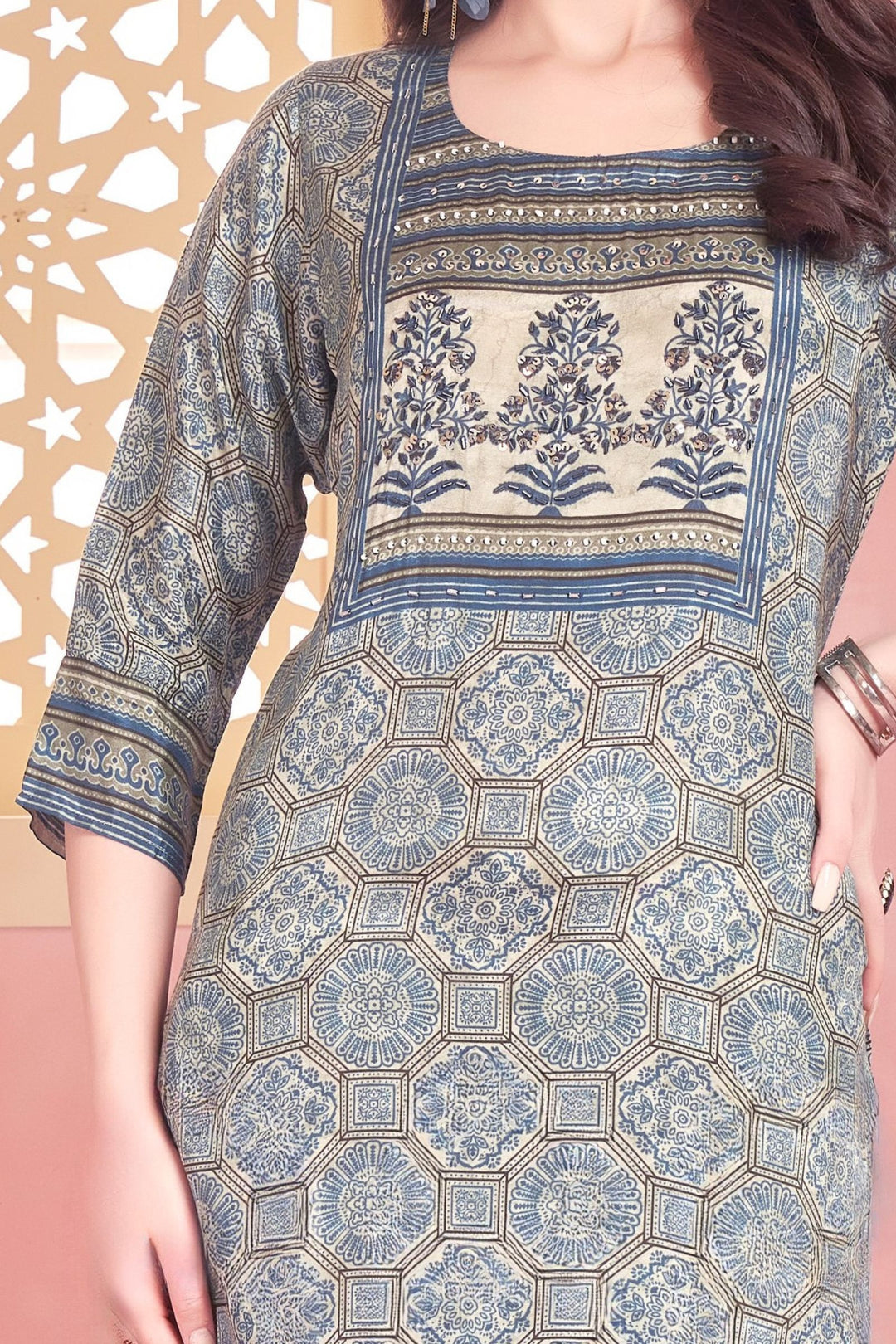 Blue Beads and Sequins work with Ajrakh Print Calf Length Kurti