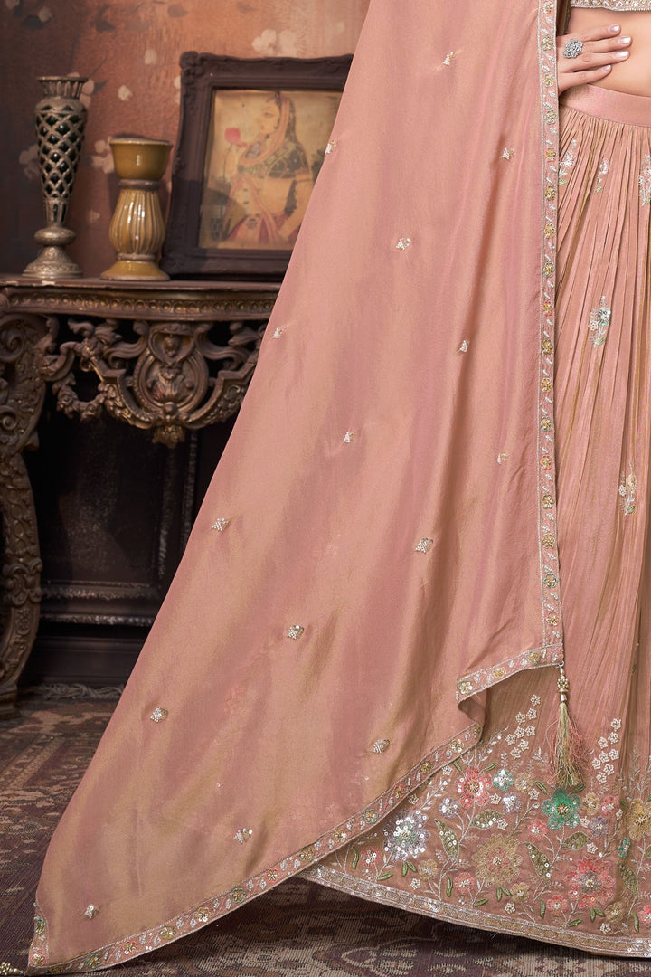 Peach Sequins, Beads and Multicolor Thread work Crop Top Lehenga