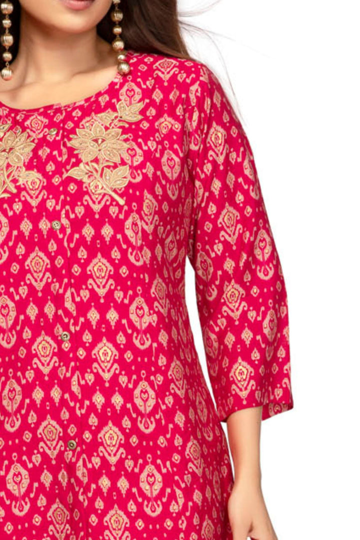 Rani Pink Embroidery and Mirror work with Digital Print Calf Length Kurti