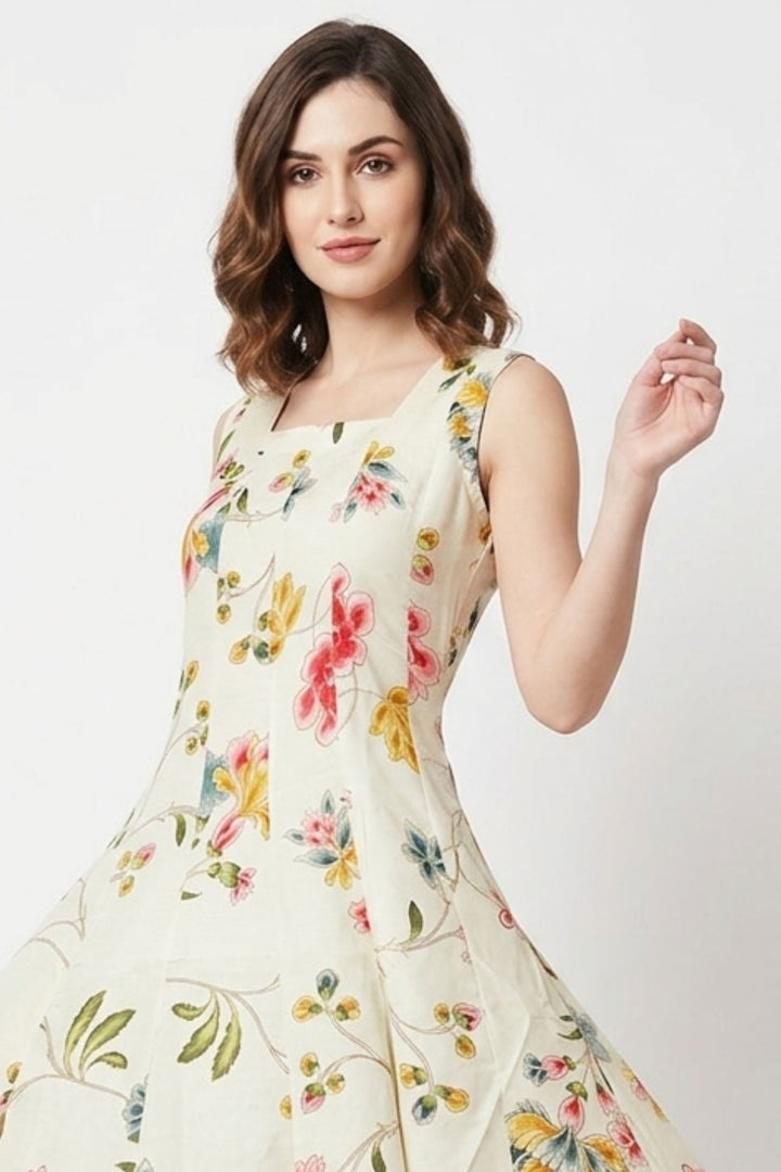 Cream with Floral Print Anarkali Styled Kurti