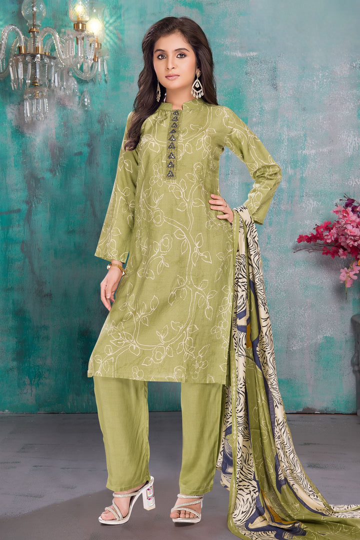 Pista Green Mirror and Beads work with Printed Straight Cut Salwar Suit for Girls