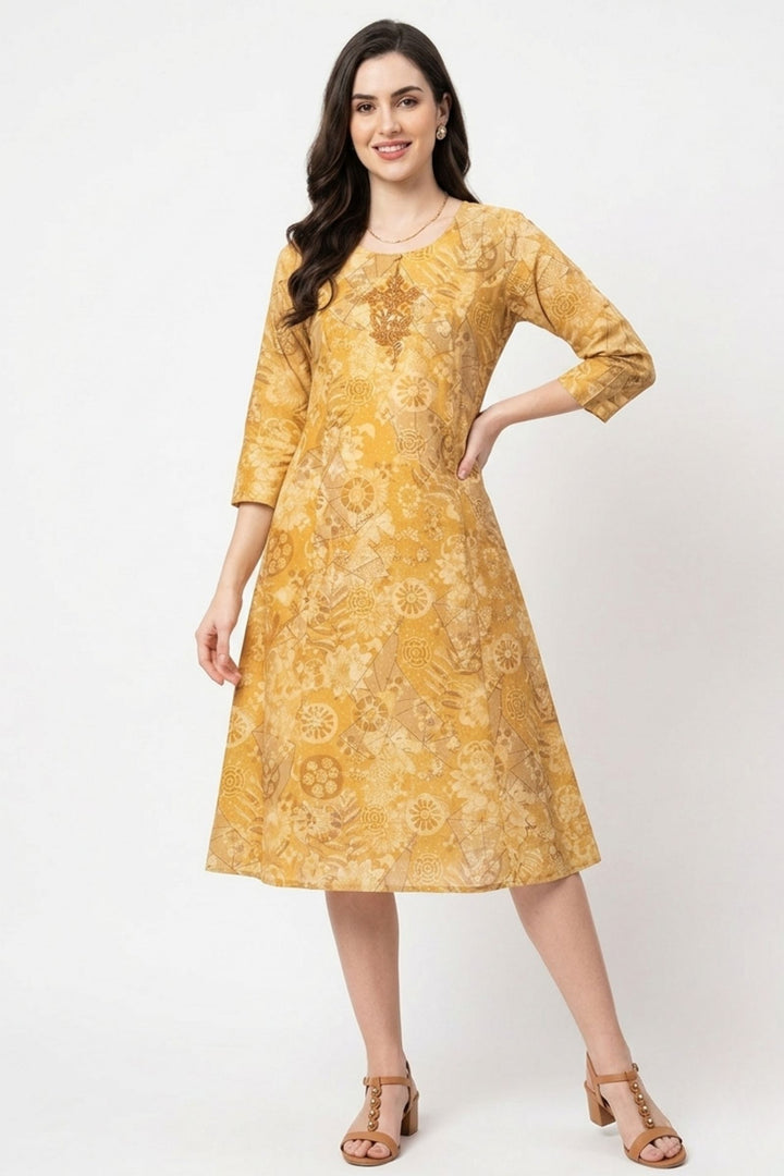 Mustard Embroidery and Mirror work with Digital Print A-Line Cut Calf Length Kurti