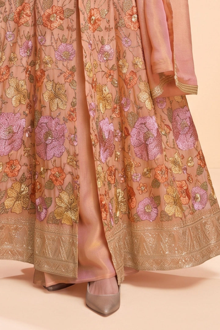 Peach Floral Embroidery, Sequins and Zari work Mastani Styled Palazzo Suit
