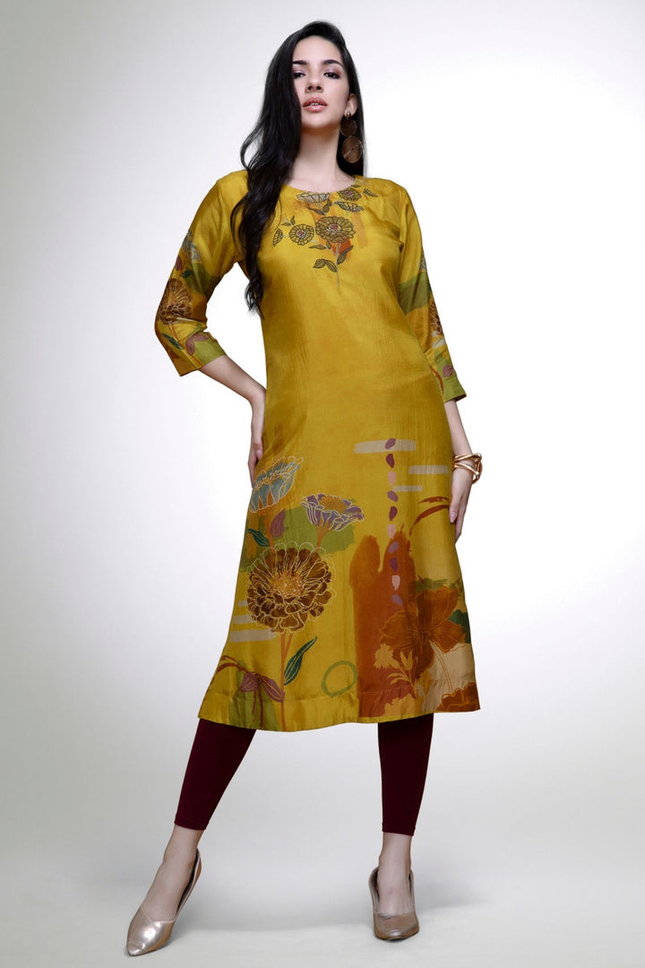 Mehendi Green Floral Print Calf Length Kurti
