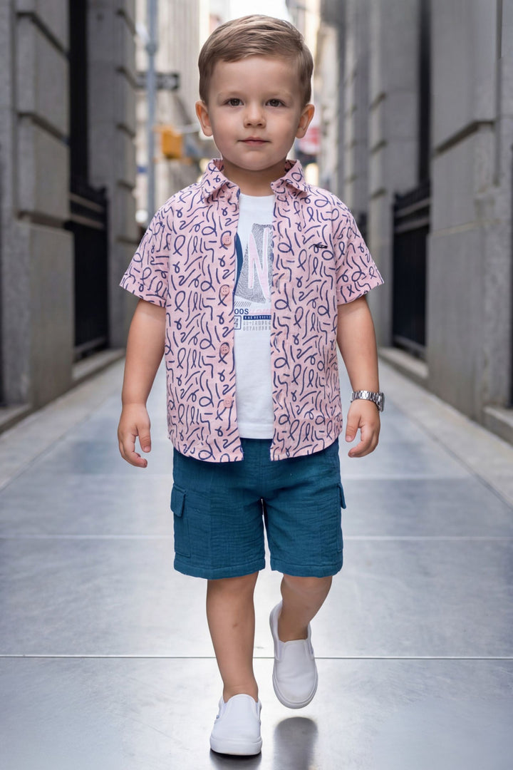 Pink with Teal Blue Digital Print Boys Co-Ord Set