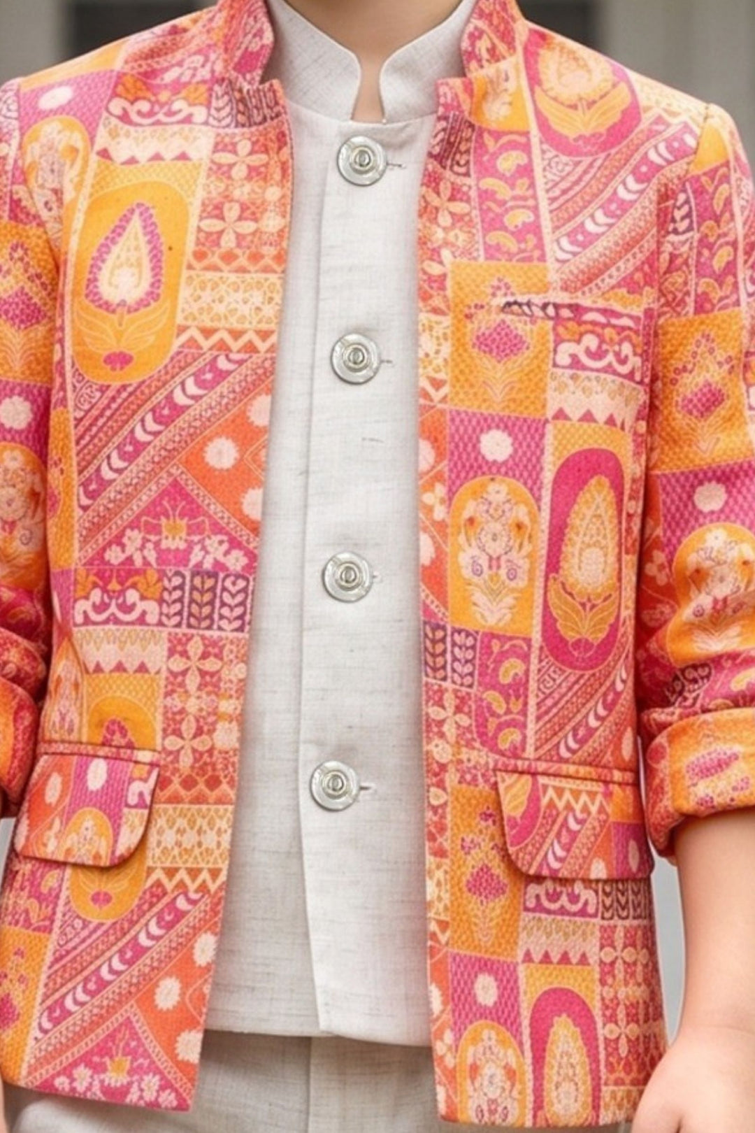 Half White Kurta with Multicolor Digital Print Waistcoat for Boys