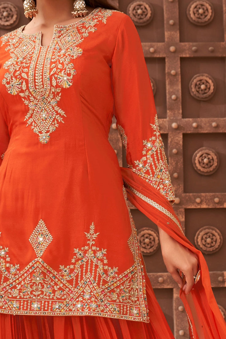 Orange Multicolor Thread, Zari, Mirror, Sequins and Pearl work Palazzo Salwar Suit