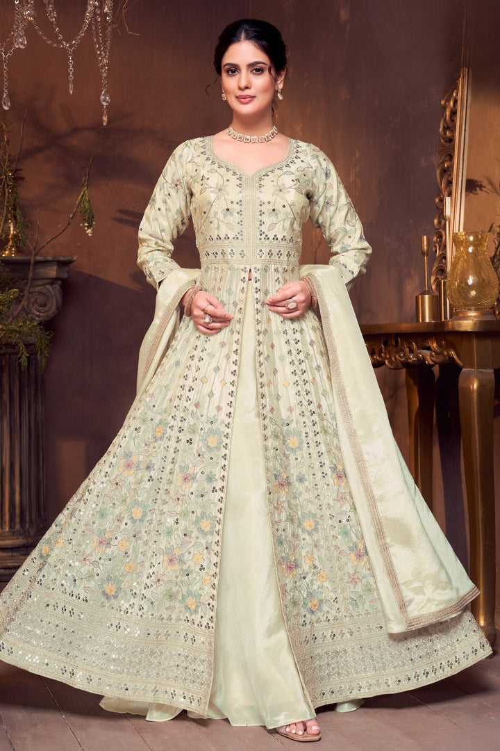 Pista Green Sequins, Zari and Multicolor Thread work Palazzo Salwar Suit