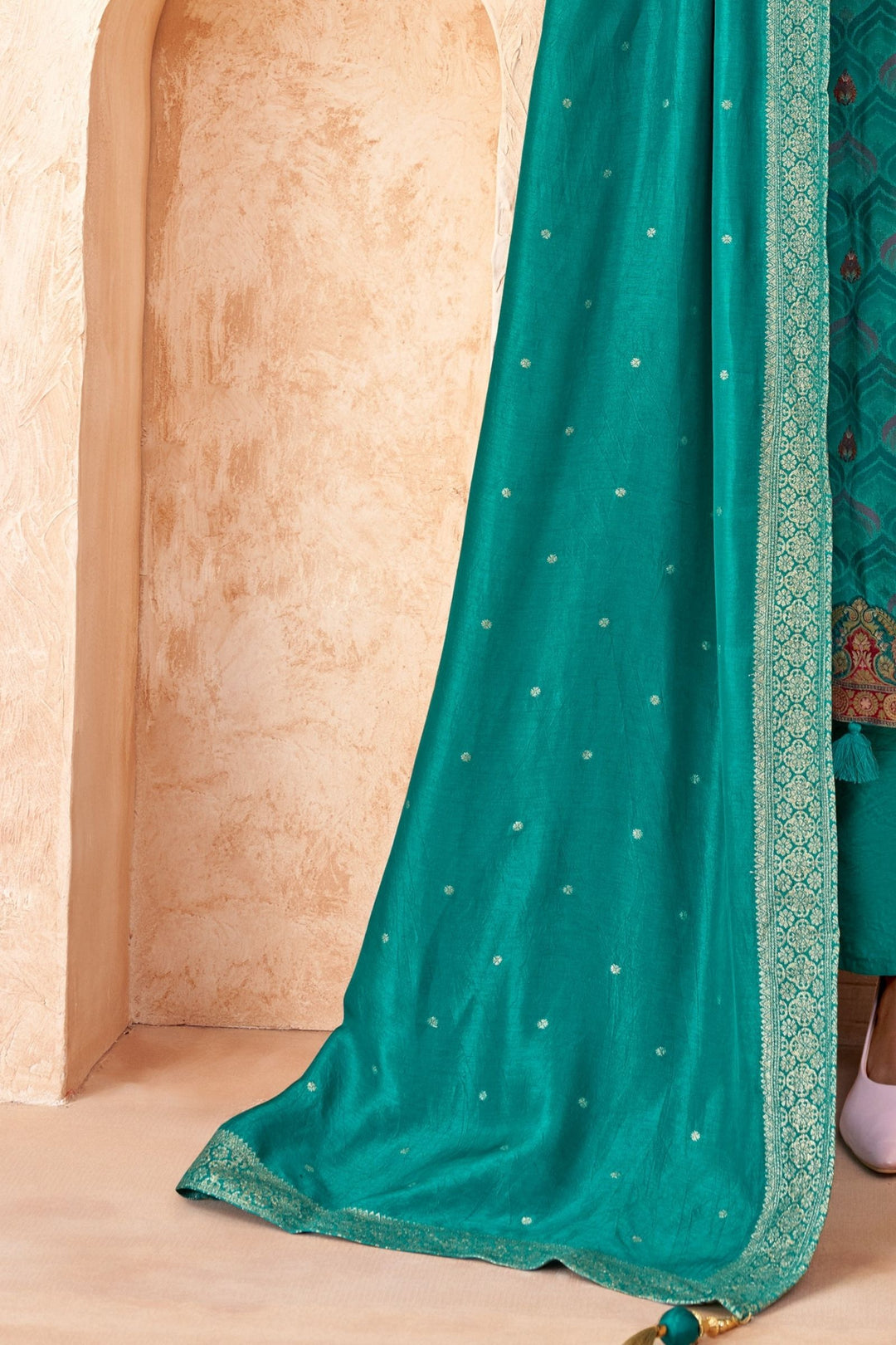 Rama Green Banaras and Embroidery work with Multicolor Digital Print Straight Cut Salwar Suit