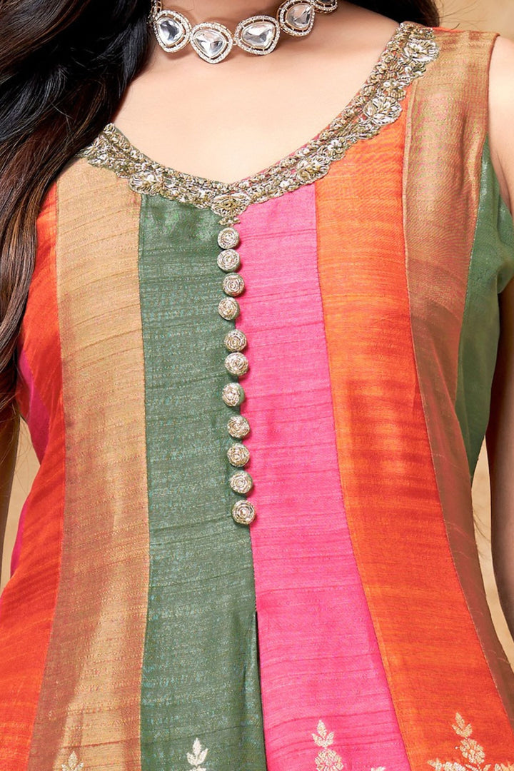 Multicolor Banaras, Sequins and Beads work Anarkali Style Salwar Suit with Palazzo Pant
