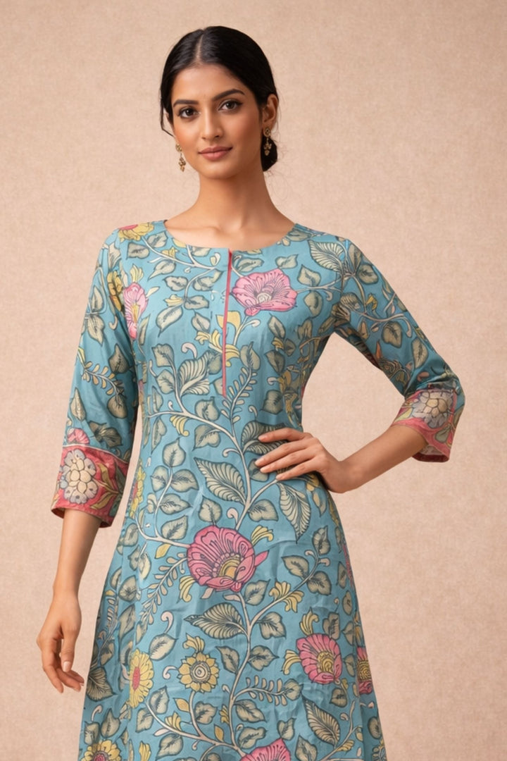 Sea Blue Beads work with Floral Print A-line Cut Calf Length Kurti