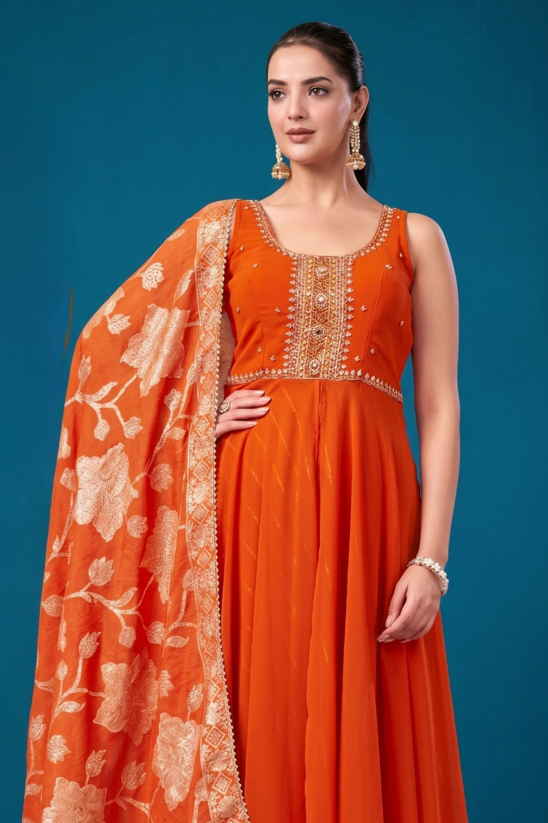 Orange Zardozi, Mirror, Zari and Stone work Mastani Styled Palazzo Suit