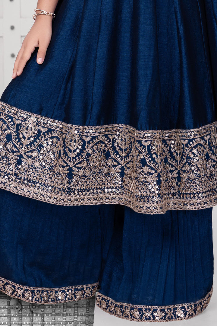 Teal Blue Zari Thread and Sequins work Anarkali Style Palazzo Suit for Girls