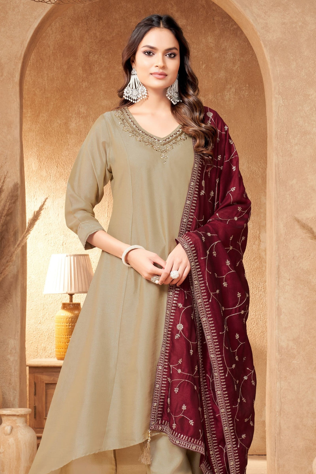 Beige Zardozi, Mirror and Beads work A-line Cut Salwar Suit