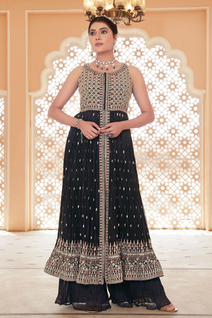 Navy Blue Sequins, Zari and Multicolor Thread work Salwar Suit with Palazzo Pants