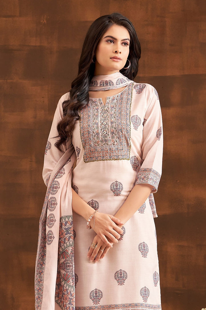 Beige Sequins and Thread work with Digital Print Straight Cut Salwar Suit