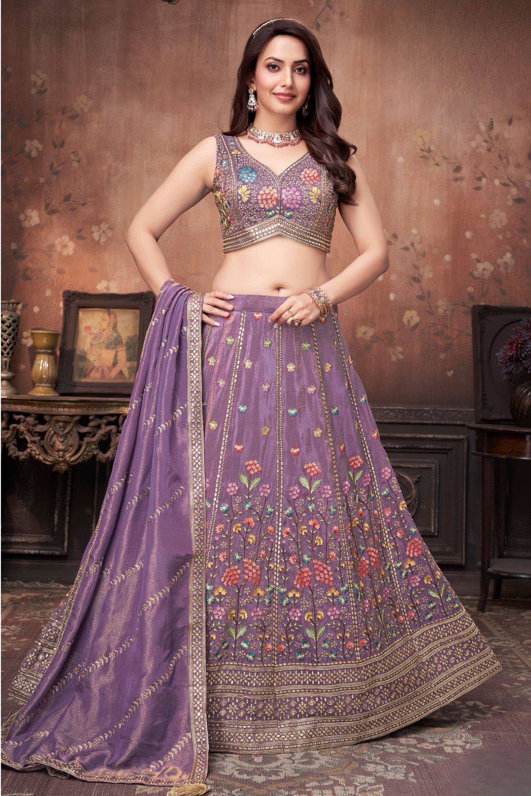 Lavender Multicolor Embroidery, Zari and Sequins work Crop Top Lehenga