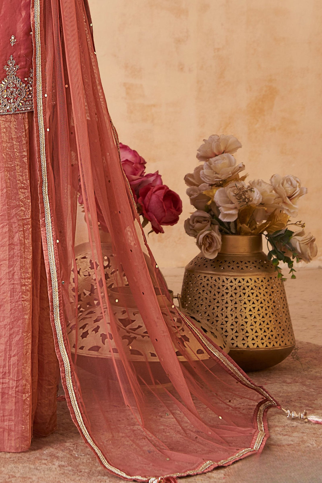 Light Orange Mirror, Stone, Zari and Pearls work Palazzo Salwar Suit
