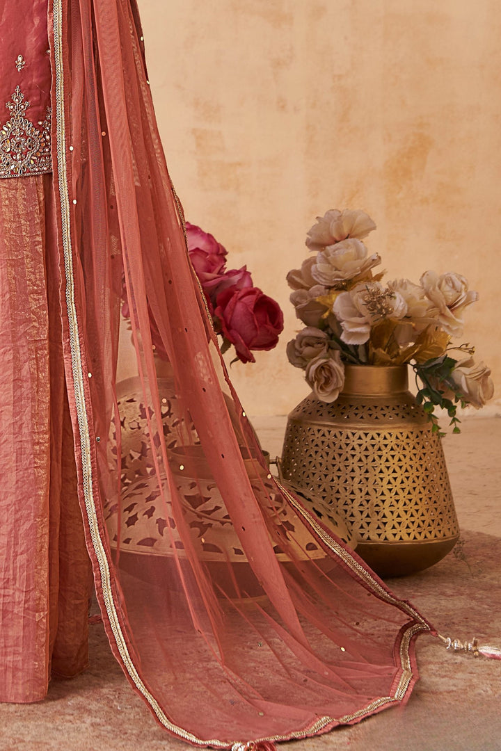 Light Orange Mirror, Stone, Zari and Pearls work Palazzo Salwar Suit