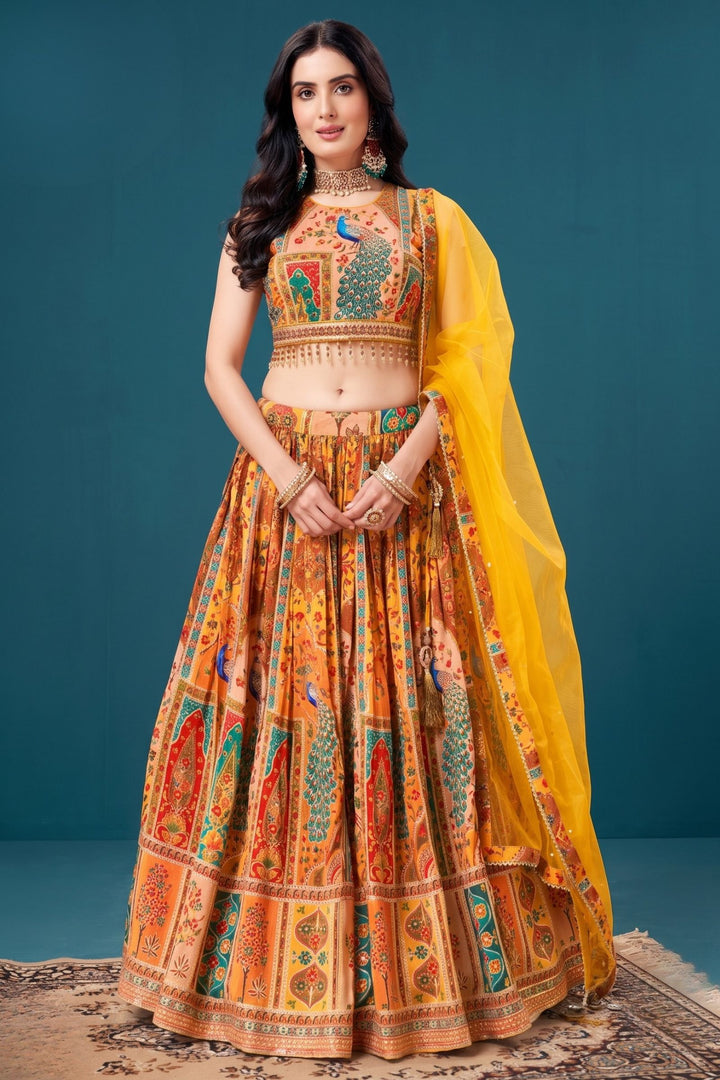 Mustard Mirror, Stone, Zari and Sequins work with Peacock Motif Printed Lehenga Set